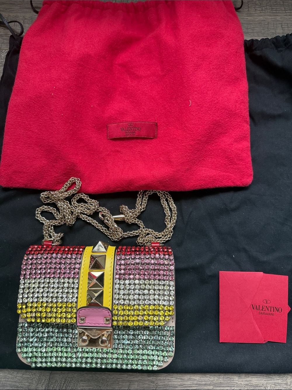 Valentino Garavani Multicolor Crystal Mini Shoulder Bag with Gold Chain